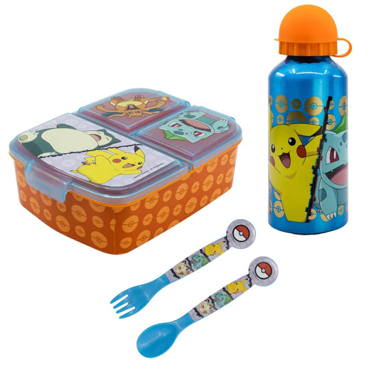 Pokemon Kinder 4 tlg. Set 3 Kammern Brotdose Gabel Löffel Alu-Flasche - WS-Trend.de