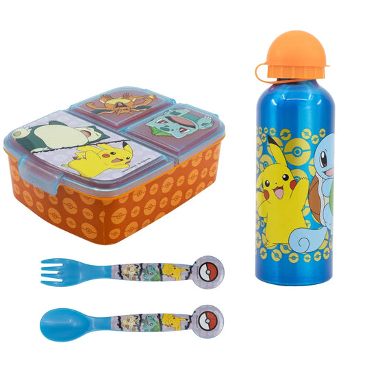 Pokemon Pikachu Kinder 4 tlg. Set 3 Kammern Brotdose Gabel Löffel XL Alu-Flasche - WS-Trend.de