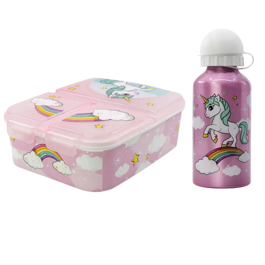 Einhorn Unicorn 2 tlg. Lunch Set Brotdose mit 3 Kammern Trinkflasche 400 ml - WS-Trend.de