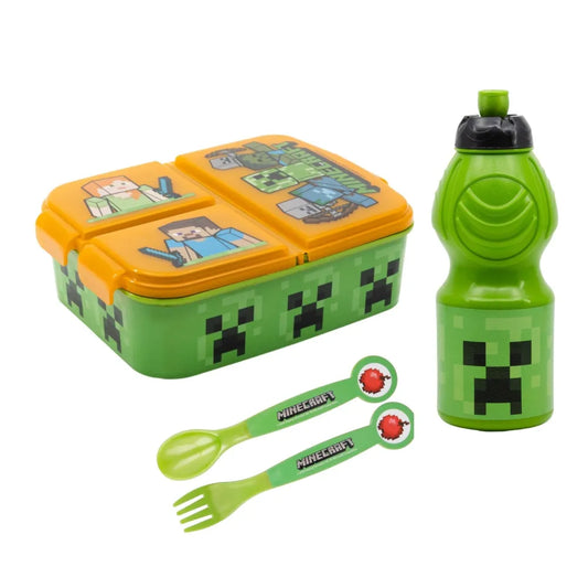 Minecraft Kinder 4 tlg. Set 3 Kammern Brotdose - Gabel Löffel Flasche - WS-Trend.de - Creeper