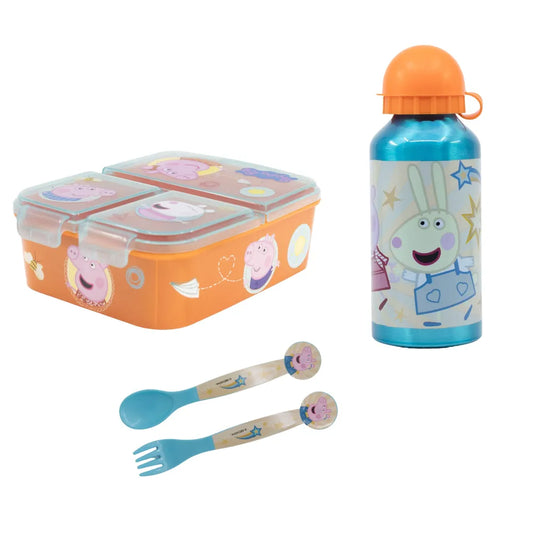 Peppa Wutz Pig 4 teiliges Kinder Set 3 Kammern Brotdose Alu-Trinkflasche Besteck - WS-Trend.de