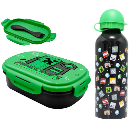 Minecraft Creeper Kinder 3 tlg Lunch Set Brotdose Alu-Trinkflasche 500 ml - WS-Trend.de