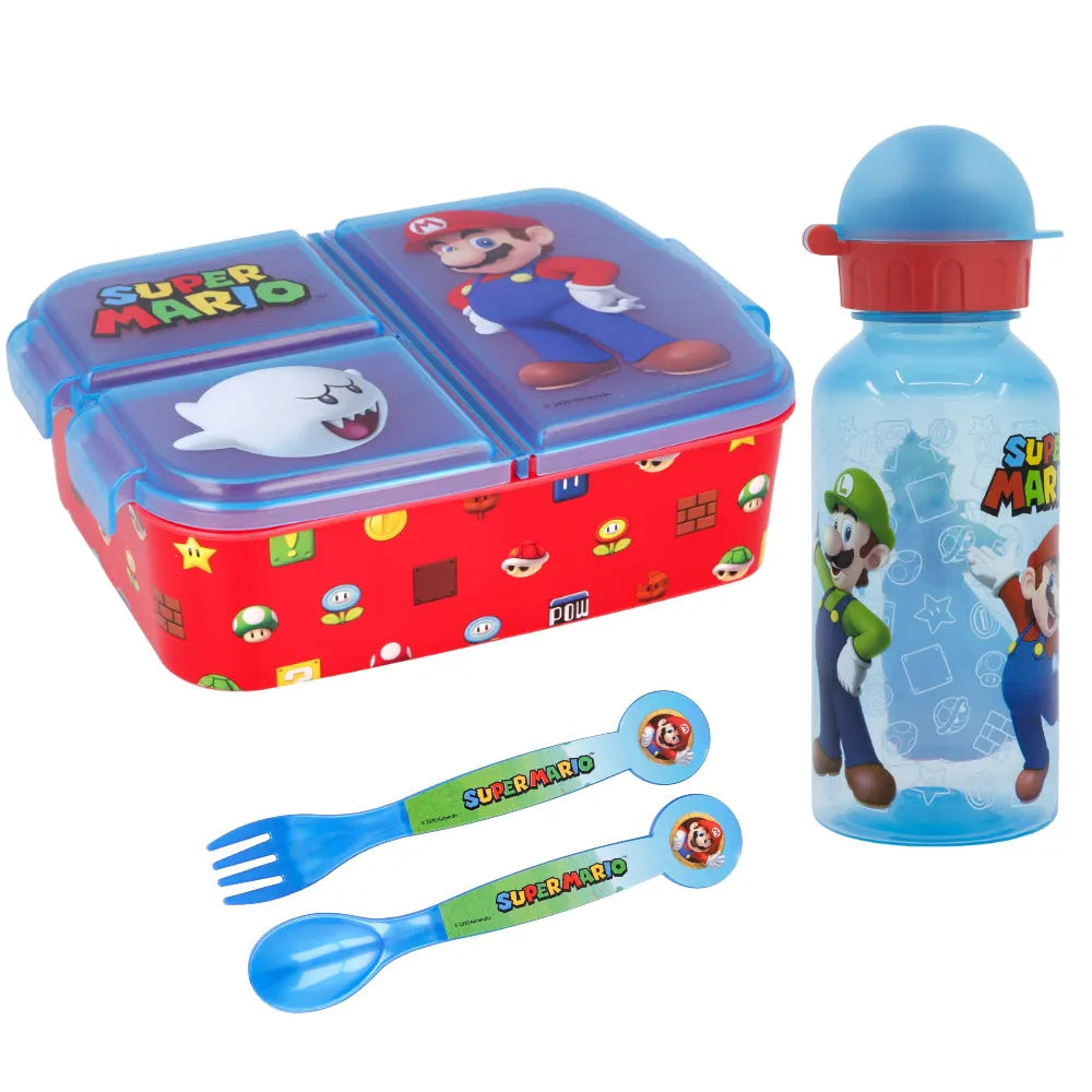 Super Mario Luigi Kinder 4 tlg Set 3 Kammer Brotdose Gabel Löffel Trinkflasche - WS-Trend.de