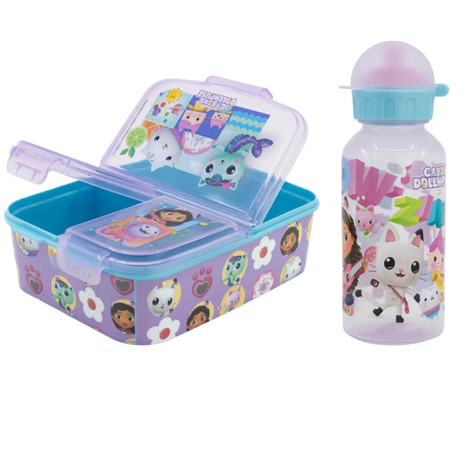 Gabbys Dollhouse Kinder Mädchen 2 tlg Set Brotdose 3 Kammern Trinkflasche 370ml - WS-Trend.de