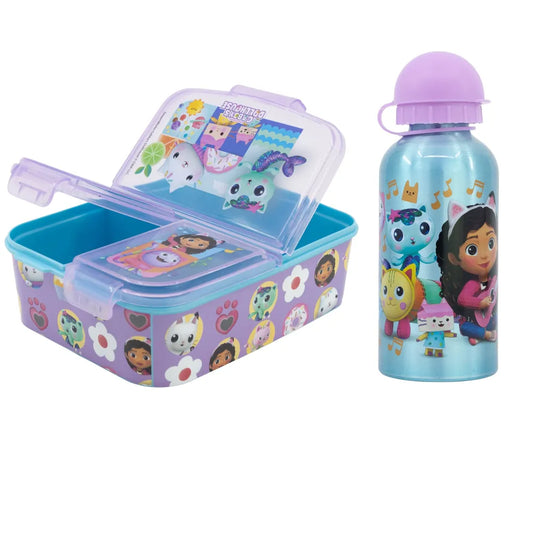 Gabbys Dollhouse Kinder Mädchen 2 tlg Set Brotdose 3 Kammern Alu-Trinkflasche - WS-Trend.de