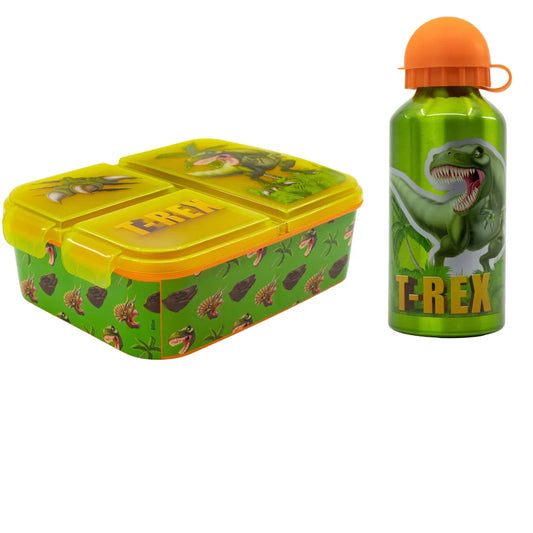 Dinosaurier T-Rex Kinder 2 teiliges Set Brotdose mit 3 Kammern Alu-Trinkflasche - WS-Trend.de