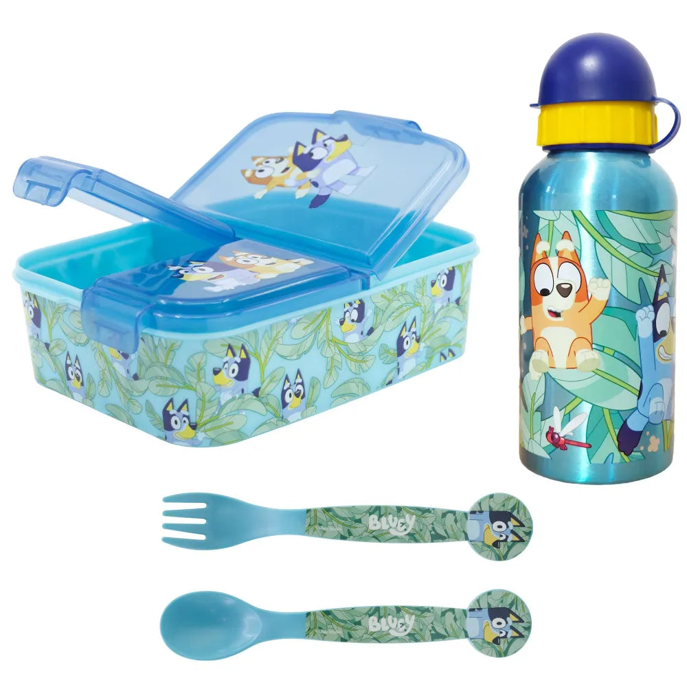 Bluey Bingo Kinder 4 teiliges Set 3 Kammern Brotdose Alu Trinkflasche Besteck - WS-Trend.de