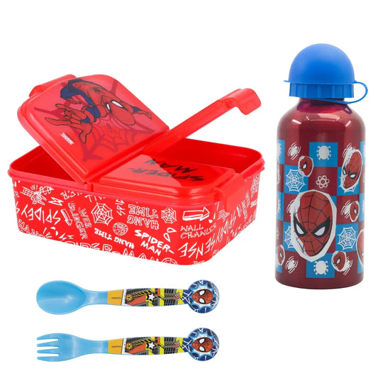 Marvel Spiderman 4 tlg Kinder Set 3 Kammern Brotdose Alu-Trinkflasche Besteck - WS-Trend.de