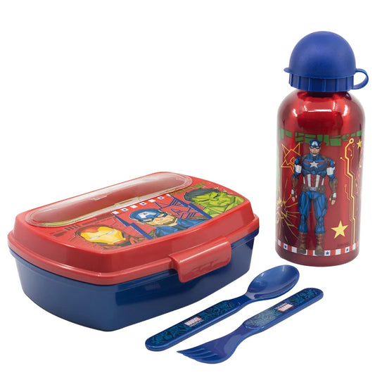 Marvel Avengers Kinder Geschirr-Set 4 teilig Brotdose Alu-Trinkflasche Besteck - WS-Trend.de