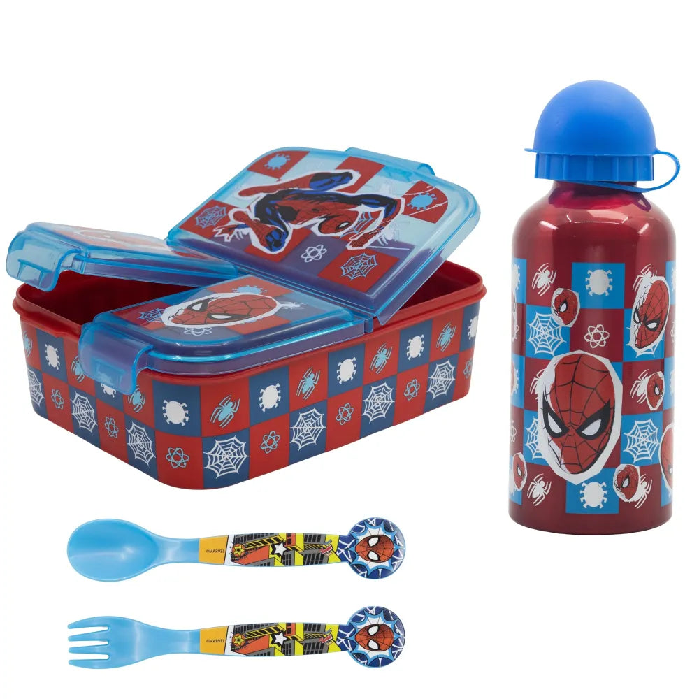 Marvel Spiderman 4 tlg Kinder Set 3 Kammern Brotdose Alu-Trinkflasche Besteck - WS-Trend.de