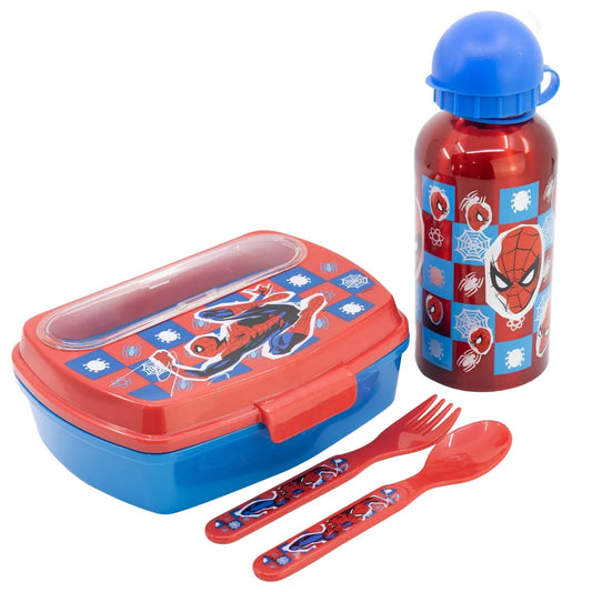 Marvel Spiderman 4 tlg Kinder Lunch Set Brotdose Alu-Trinkflasche Besteck - WS-Trend.de