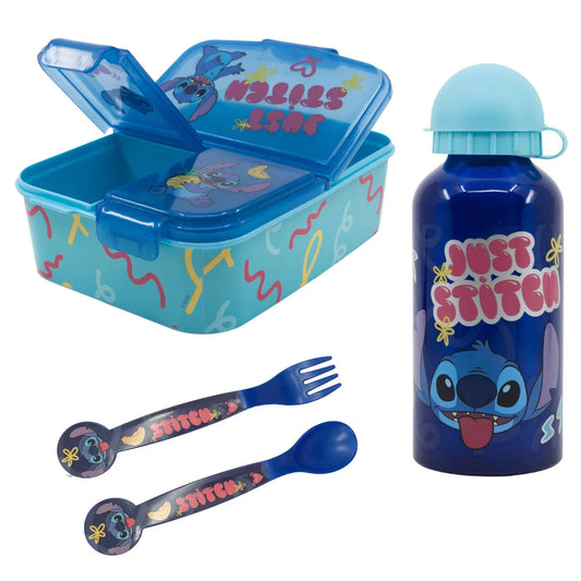 Disney Stitch 4 tlg. Lunch Set Brotdose mit 3 Kammern Alu-Trinkflasche Besteck - WS-Trend.de