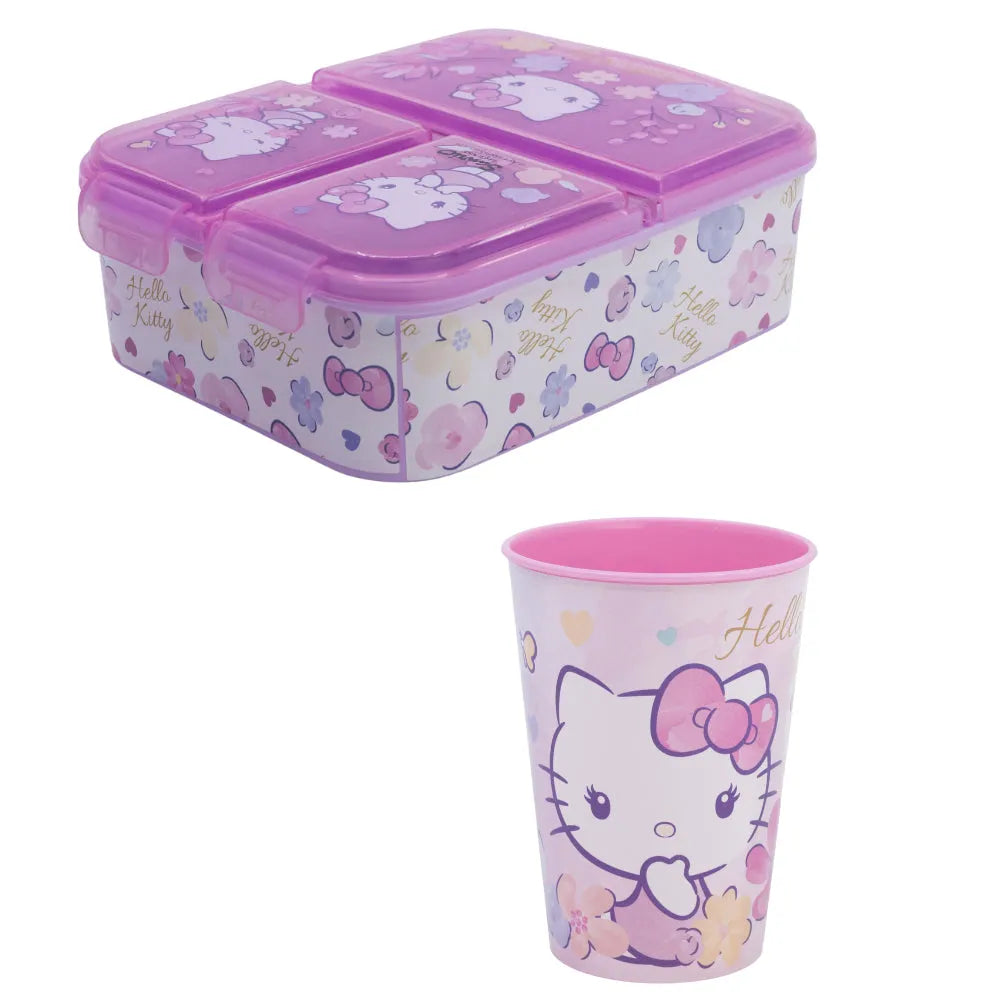 Hello Kitty 2 tlg. Lunch Set Brotdose mit 3 Kammern Trinkbecher 260 ml - WS-Trend.de