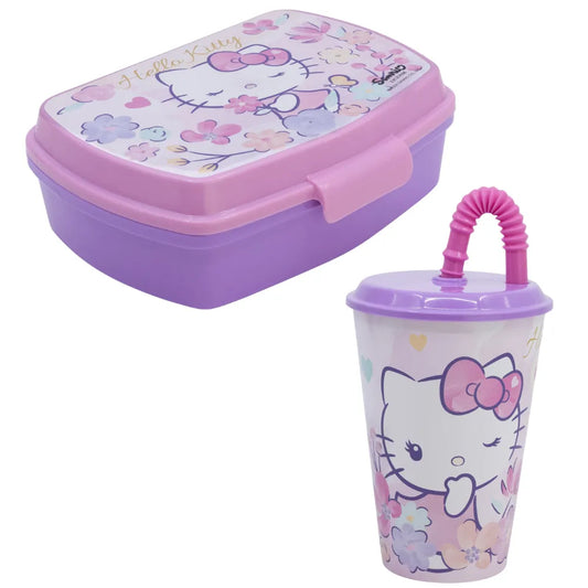 Hello Kitty 2 tlg. Lunch Set Brotdose Trinkbecher mit Deckel und Halm 430 ml - WS-Trend.de