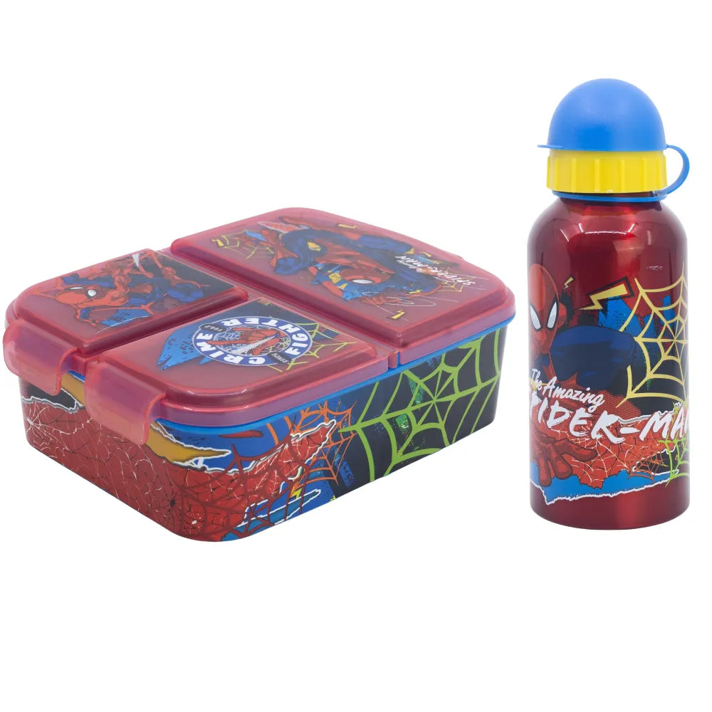 Marvel Spiderman 2 teiliges Kinder Set 3 Kammern Brotdose Alu Trinkflasche 400 ml - WS-Trend.de