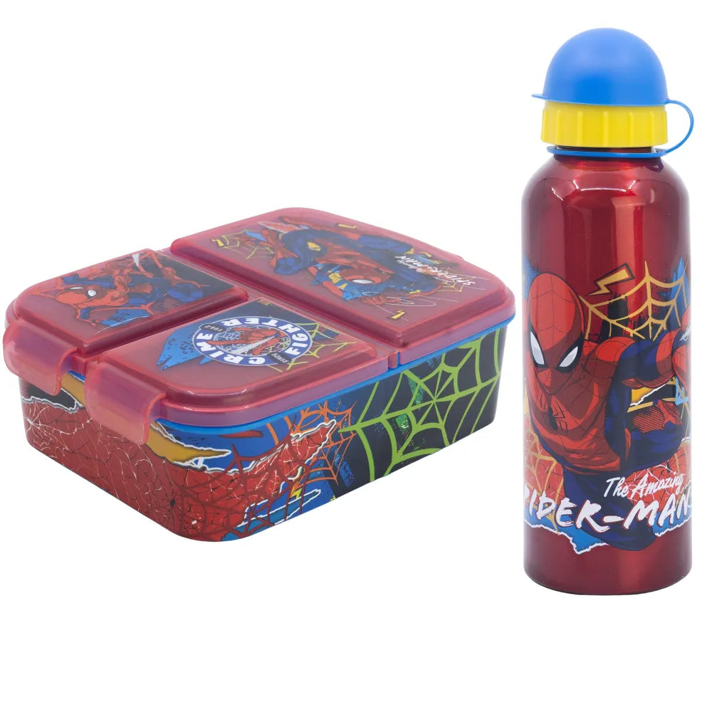 Marvel Spiderman 2 teiliges Kinder Set 3 Kammern Brotdose Alu Trinkflasche 530 ml - WS-Trend.de