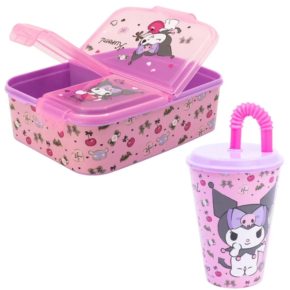 Kuromi Sanrio 2 tlg. Lunch Set Brotdose mit 3 Kammern Halm Trinkbecher 430 ml - WS-Trend.de