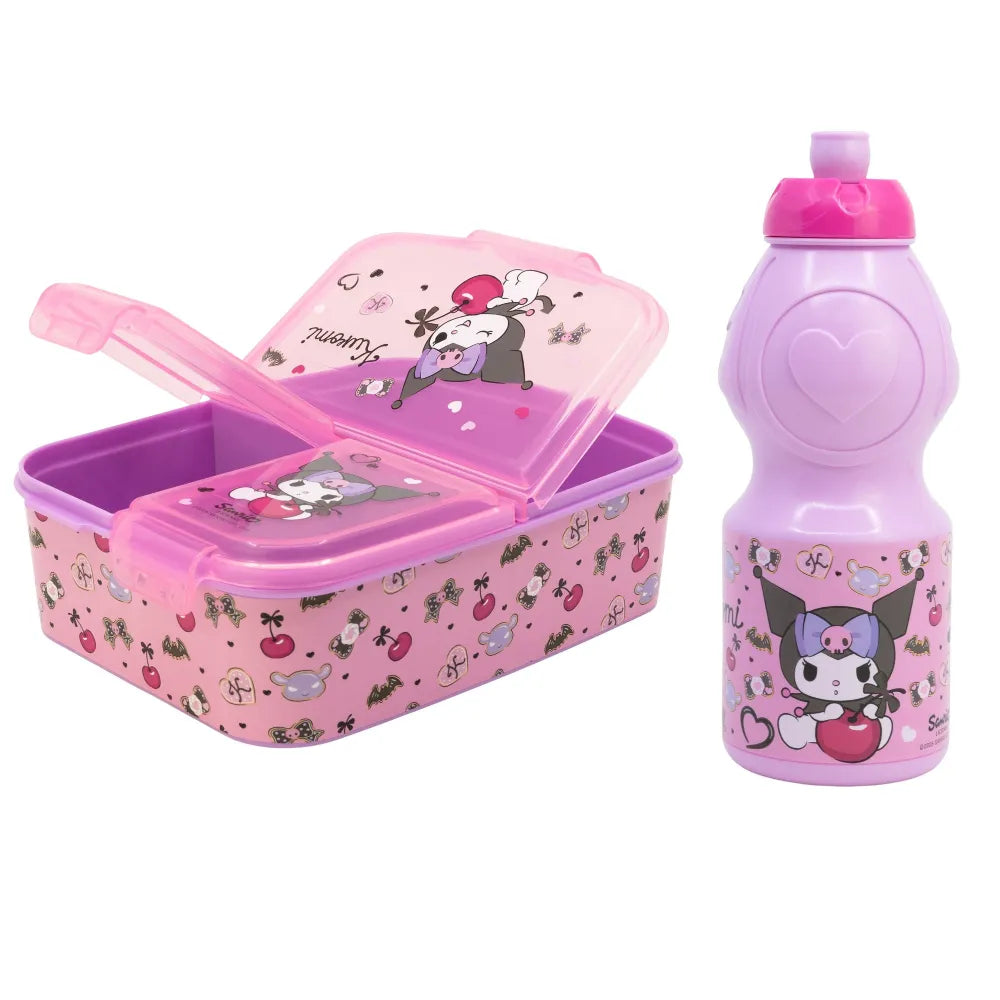 Kuromi Hello Kitty 2 tlg. Lunch Set Brotdose mit 3 Kammern Trinkflasche 400 ml - WS-Trend.de