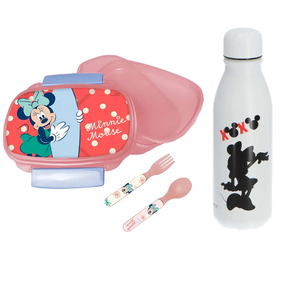 Disney Minnie Maus 4 teiliges Lunch Set Brotdose Alu-Trinkflasche - Löffel Gabel - WS-Trend.de