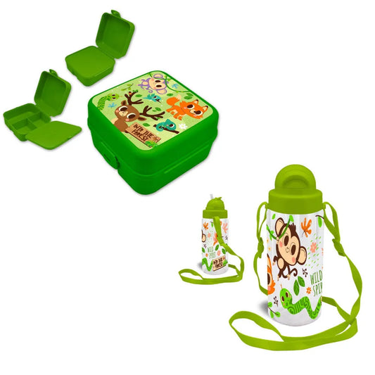 Waldtiere Affe Reh 2tlg. Kinder Lunch Set Brotdose plus Trinkflasche 500 ml - WS-Trend.de