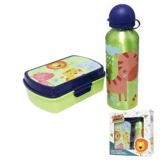 Jungle Friends 2 tlg Kinder Lunch Set Brotdose Alu Trinkflasche 500 ml Geschenk - WS-Trend.de