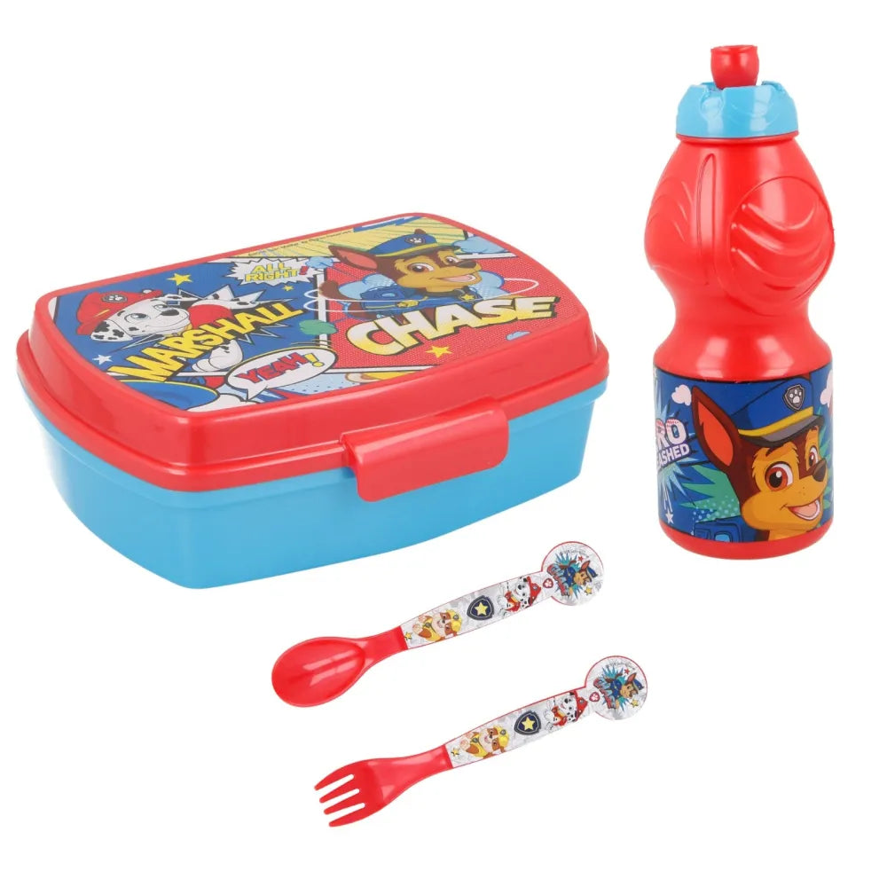 Paw Patrol Chase 4 teiliges Set Lunchbox mit Trinkbecher und Besteck - WS-Trend.de Marshall Brotdose Trinkflasche Löffel Gabel