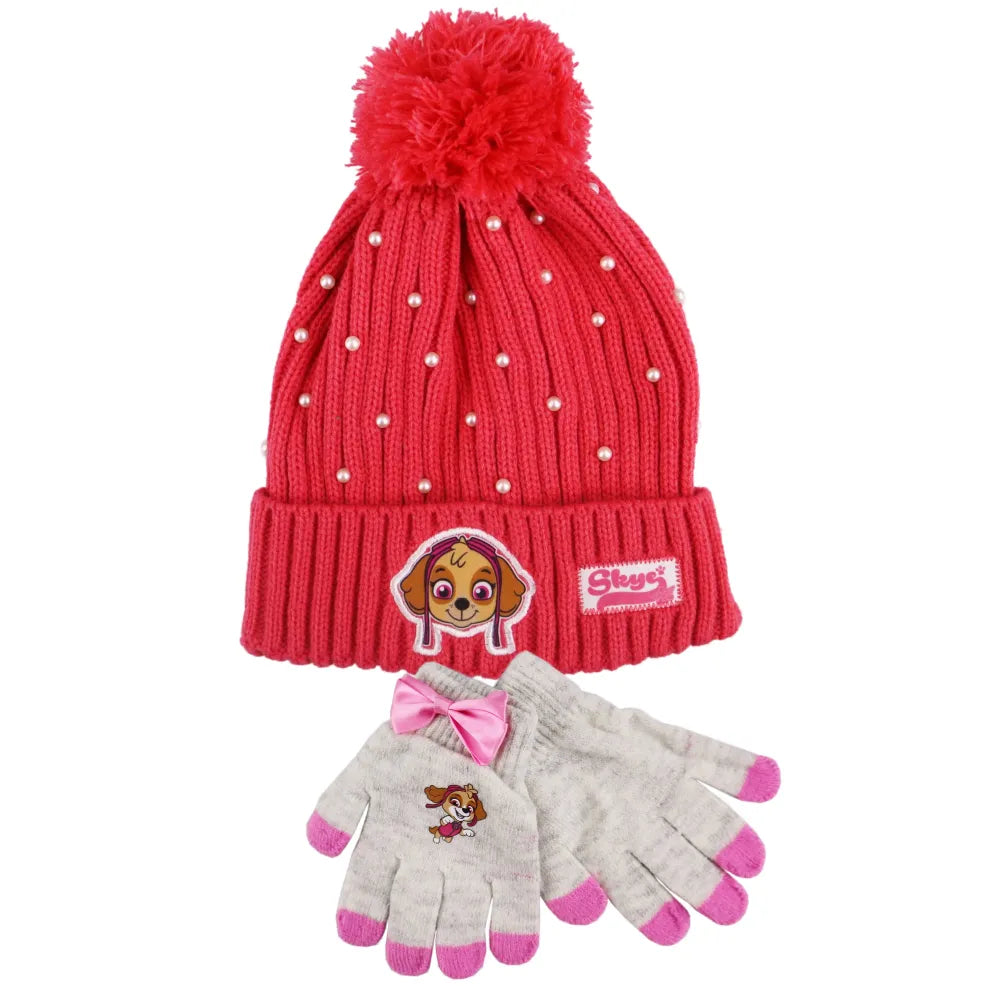 Paw Patrol Skye Kinder Winter Bommel Mütze mit Perlen plus Handschuhe - WS-Trend.de 52 54 Rosa