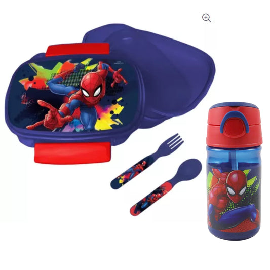 Marvel Spiderman 4 tlg Kinder Lunch Set Brotdose Trinkflasche Besteck