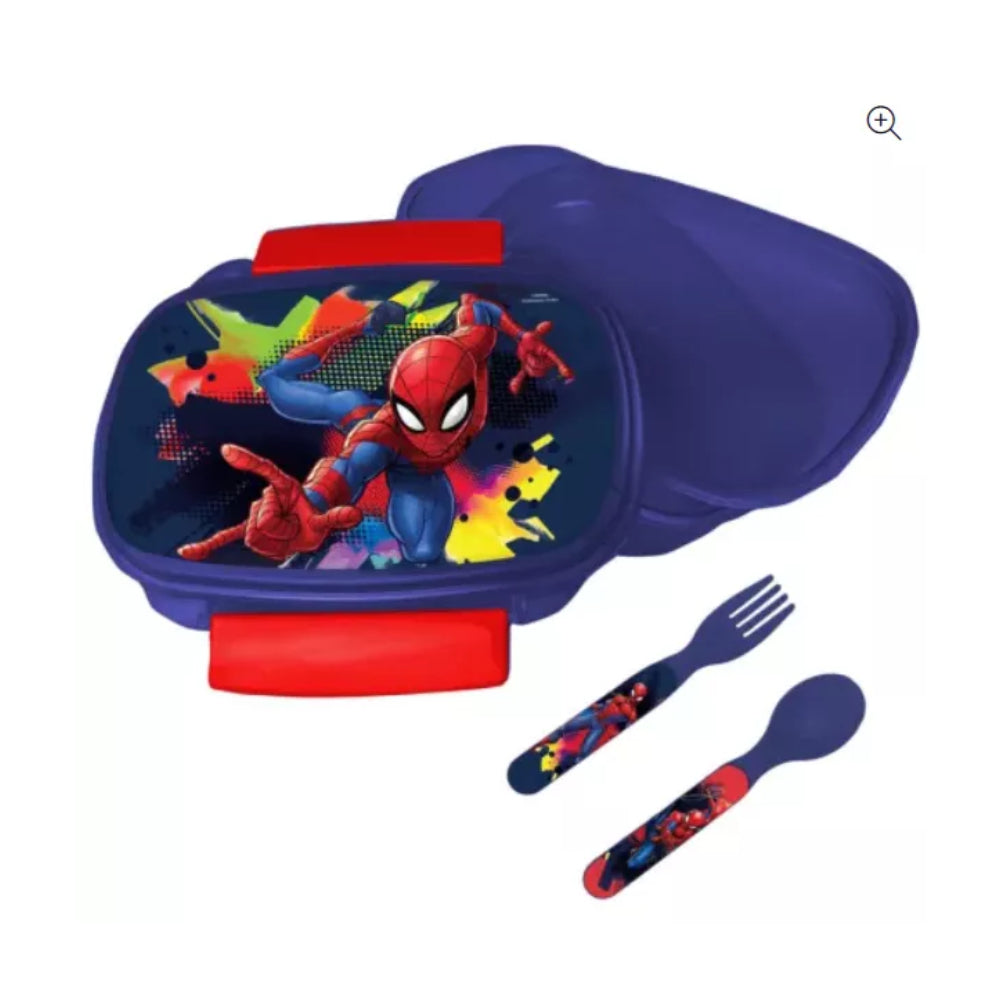 Marvel Spiderman 4 tlg Kinder Lunch Set Brotdose Trinkflasche Besteck