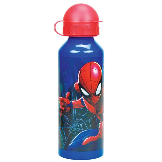 Marvel Spiderman ALU - Wasserflasche Trinkflasche XL Flasche 520 ml - WS-Trend.de mit Trinkhalm Gurt 500