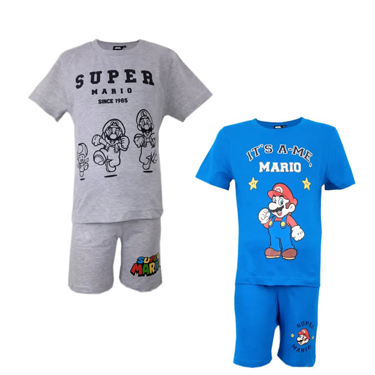 Super Mario Schlafanzug Pyjama kurz - Größe 104 bis 152 - WS-Trend.de Kinder Baumwolle Blau Grau 104-152