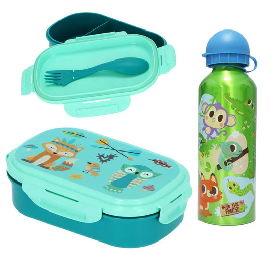 Waldtiere 3 tlg Kinder Lunch Set Brotdose Aluminium Trinkflasche 500 ml Göffel - WS-Trend.de